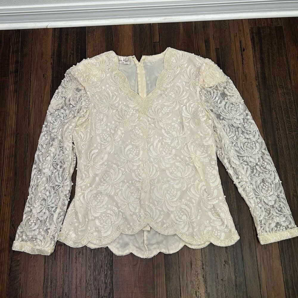Laurence Kazar 100% Silk White Lace Victorian Beaded Sheer Sleeve Top Size L